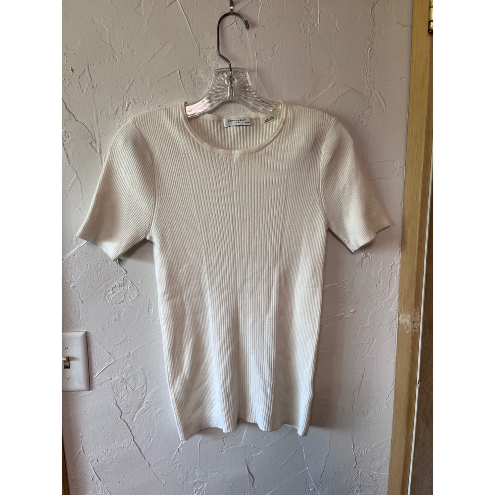 Equipment Femme White Cotton Silk Cashmere Ribbed Short Sleeve Knit‎ Top XS